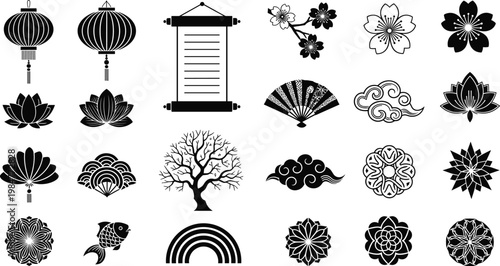 Asian traditional silhouette icon set featuring chinese lantern lotus flower cherry blossom scroll and oriental nature elements
