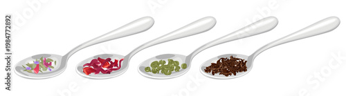 Set of different types of tea in spoons, isolated on white background. Dried black and green tea leaves, hibiscus and herbal tea. Vector flat cartoon illustration.