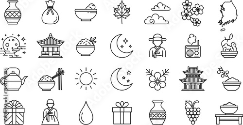 South Korea culture icon set featuring traditional hanbok dress architecture food temple map nature and travel elements in a clean black outline vector style for graphic design projects