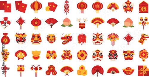 Chinese New Year festival icon set with lantern dragon lion dance red envelope fans gold ingot traditional vector collection