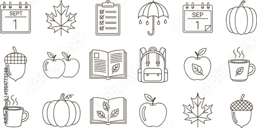 Autumn outline icon set with fall elements pumpkin leaves acorn calendar apple book coffee cup backpack minimal line vector