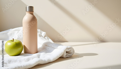 Minimalist picnic essentials with apple and thermos on linen surface, tranquility