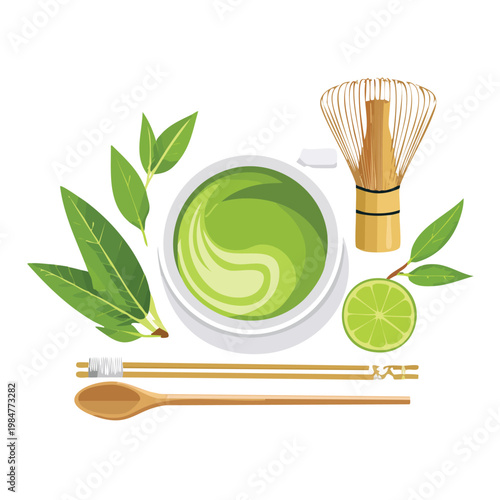 Matcha tea ceremony illustration with bamboo whisk and ingredients