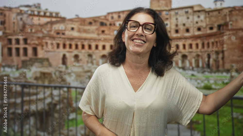 Fototapeta premium Middle age woman smiling, wearing glasses, hand on railing and arm outstretched, posing before an ancient ruin building; travel joy.