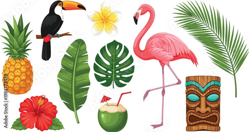 Tropical Summer Vacation Vector Set Featuring Flamingo Toucan Pineapple Coconut Cocktail Tiki Mask Hibiscus Flower and Exotic Palm Leaves for Beach Party Design