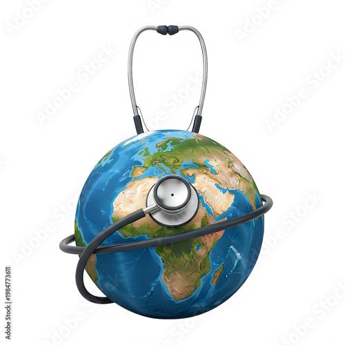 A globe connected by a chain to a pair of medical stethoscope earpieces