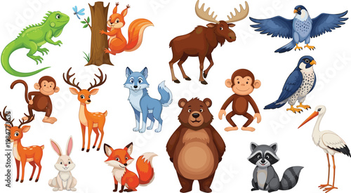Wild Animals and Birds Vector Set Featuring Bear Fox Wolf Deer Monkey Squirrel and Owl for Forest Wildlife Nature Education and Cartoon Mascot Design