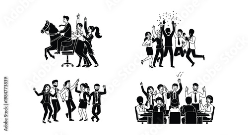 Black and white illustration depicting business success and celebratory teamwork