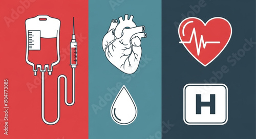 Medical icons representing blood transfusion heart health and hospital care.