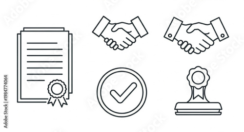 Set of icons representing business agreement and approval symbols.
