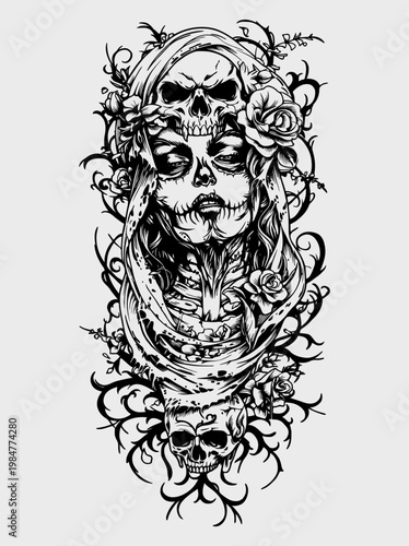 Black and White Sugar Skull Woman with Floral Veil, Detailed Gothic Day of the Dead Vector Illustration