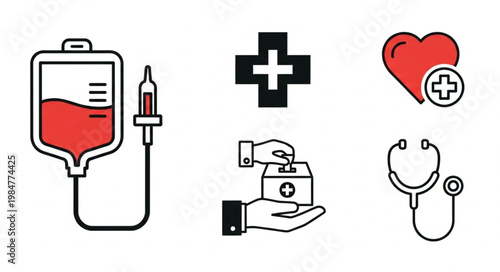 Medical Icons Representing Blood Donation and Healthcare Services.