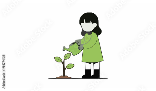 Girl watering tree flat vector eco environmental care illustration isolated on white background
