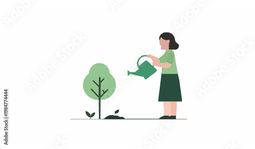 Eco girl watering tree minimal flat vector environmental protection concept illustration