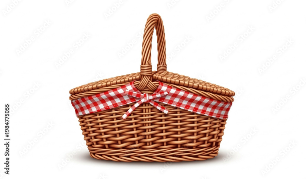 Fototapeta premium Wicker Picnic Basket with Checkered Lining Realistic Vector Illustration
