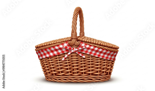 Wicker Picnic Basket with Checkered Lining Realistic Vector Illustration