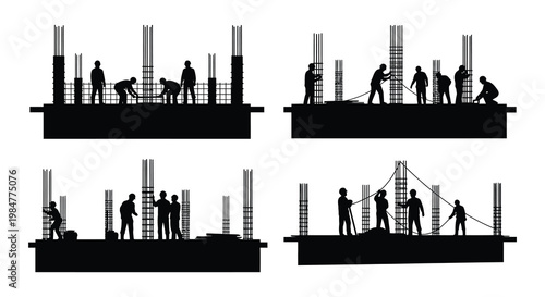 Construction workers building concrete structures depicted in a black silhouette style