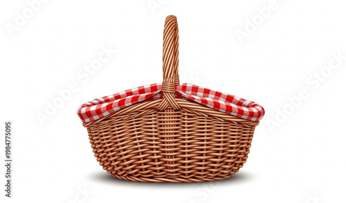 Wicker Picnic Basket with Checkered Lining Realistic Vector Illustration