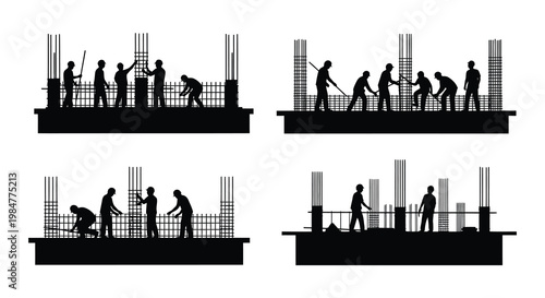 Construction workers building concrete structures depicted in a black silhouette style