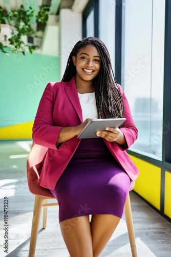 Woman seated with tablet smiling by large office window