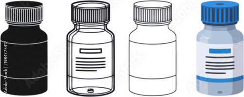 icon of a pharmacy pill bottle, same pose and proportions across four styles: black solid, glyph, outline minimal, flat multicolor filled, for rank titles, pharmaceutical and medical graphics