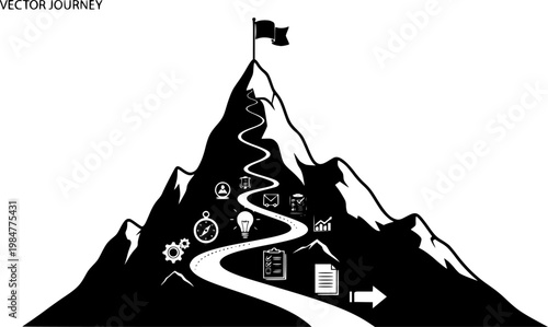 journey concept vector illustration of a mountain with a path and a flag at the top, showing the route to the peak, representing business journey, planning, goal achievement, strategy,
