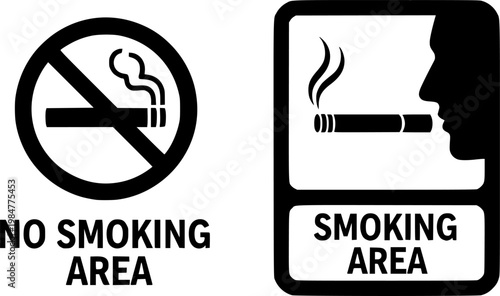 No smoking area and smoking area sign printable, red stop symbol set, ban silhouette icon design template, public safety warning, prohibition graphics, and vector illustration for signage