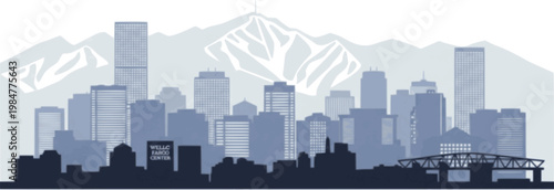 Denver Colorado skyline with Rocky Mountains and ski slopes, vector illustration showcasing urban cityscape,
