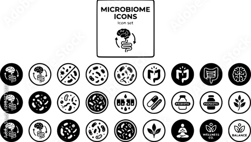 Microbiome Gut Health Icon Set Gut Brain Axis Dysbiosis Microbiota Diversity Leaky Gut Probiotic Strain Postbiotic Wellness Vector Illustration