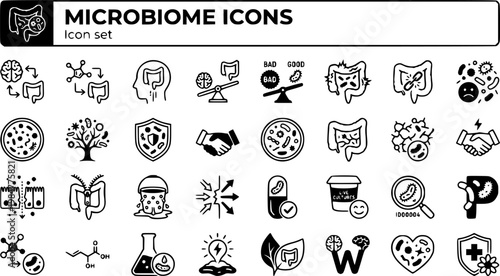 Microbiome Gut Health Icon Set Gut Brain Axis Dysbiosis Microbiota Diversity Leaky Gut Probiotic Strain Postbiotic Wellness Vector Illustration