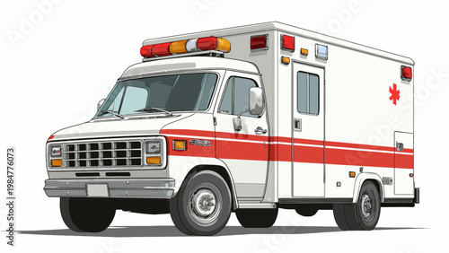 Classic white emergency ambulance vector illustration, featuring bright flashing lights and a bold red stripe, ready for urgent medical response