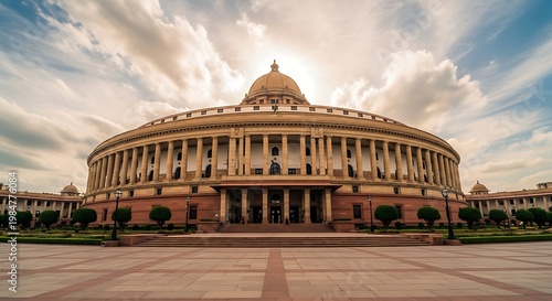 The indian parliament house in new delhi with a cloudy sky background