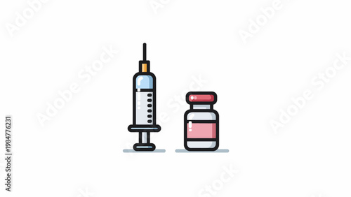 Flat vector illustration of a medical syringe and vial on a white background, representing healthcare and vaccination