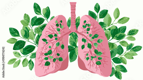 Illustration of healthy human lungs surrounded by lush green leaves symbolizing health and nature
