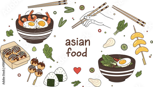 Asian food doodle vector set with ramen sushi dumplings chopsticks and ingredients illustration isolated on white
