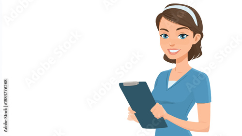 Young female medical professional with a blue scrub suit and holding a medical chart clipboard