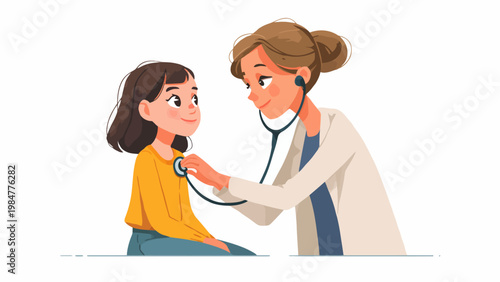 Pediatrician using stethoscope to examine a young girl's chest during a medical check-up