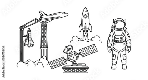 Space exploration elements rockets astronaut satellite and launch structure