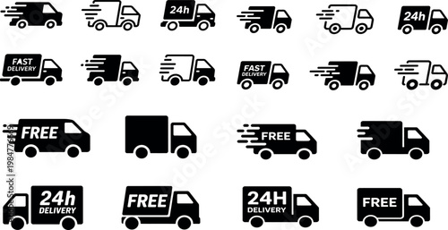 Set of delivery truck icons with speed and service labels