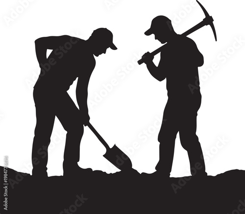 Two workers digging in the ground with shovel and pickaxe vector illustration