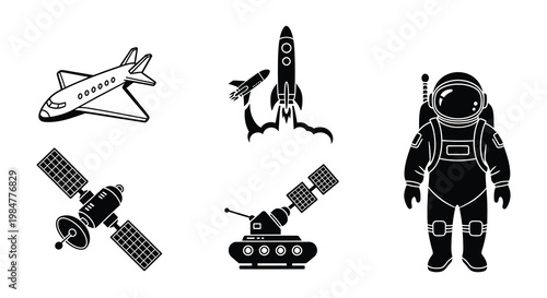 Space exploration elements rockets astronaut satellite and launch structure