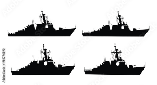 Four silhouettes of modern naval warships on a white background