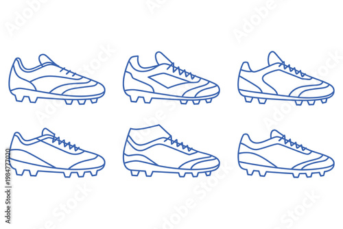 Six blue outline drawings of soccer cleats on transparent background