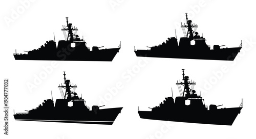 Four silhouettes of modern naval warships on a white background