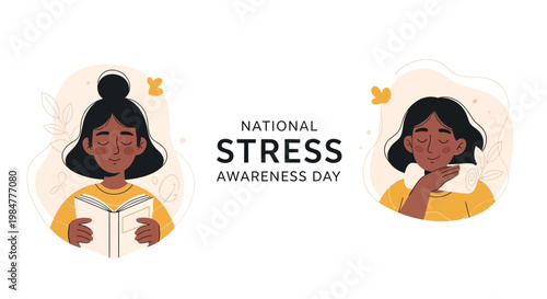 Vector illustration for National Stress Awareness Day featuring two women practicing relaxation and mindfulness, with one reading a book and the other resting her head, set