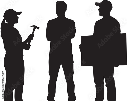 Silhouettes of three workers in various poses vector illustration