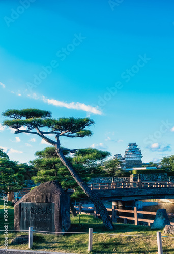 A view of the impressive Hemiji Castle in Japan. Large wooden castle keep painted white