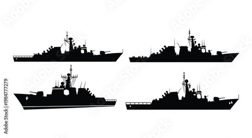 Four silhouettes of modern naval warships on a white background