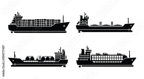 Black silhouette illustrations depicting various types of cargo ships at sea