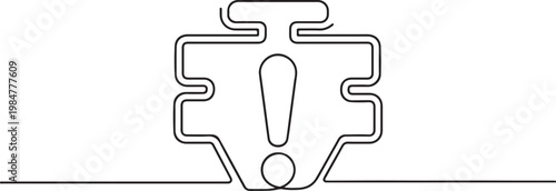 Car engine warning icon with an exclamation mark drawn in a simple, continuous one line art style, symbolizing a vehicle malfunction.one line drawing vector illustration